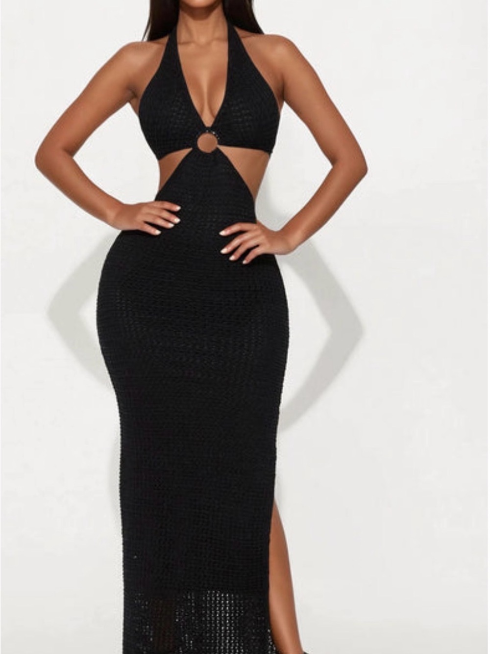 Fashion Nova Black Halter Cutout Maxi Dress with Ring Accent